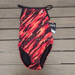 TYR Women Durafast Elite Echo Dash Diamondfit Swim Red 1 Piece Sz 34 New